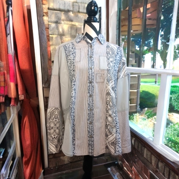 Free People Boho All Patched Up Chambray Bandana Button Down Shirt - Picture 1 of 13